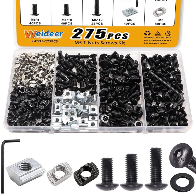 weideer 275PCS M5 T-Nuts Screws Assortment Kit,M5 T-Sliding Nut Hexagon Socket Screw T-Nuts Washers for Mlok Screws and Nuts Replacement Sets for 2020 Series Aluminum - Image 1